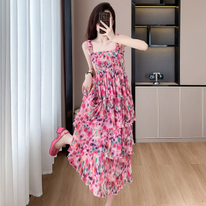 RM16795#印花皱褶吊带蓬蓬蛋糕仙女长裙