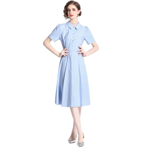RM15413#新款复古条纹泡泡袖收腰显瘦衬衫连衣裙长裙