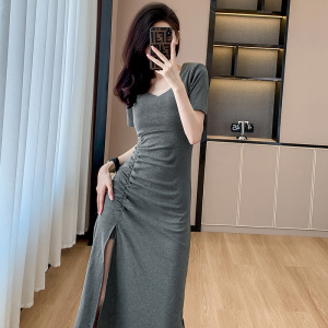 TR37442# 带胸垫夏新款V气质开叉连衣裙女褶皱性感修身中长款包臀裙 服装批发女装批发服饰货源