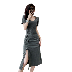 TR37442# 带胸垫夏新款V气质开叉连衣裙女褶皱性感修身中长款包臀裙 服装批发女装批发服饰货源