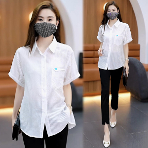 RM15161#夏女装新款女士短袖衬衫条纹雪纺衫衬衣遮肚子显瘦小个子衬衣