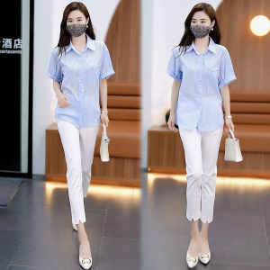 RM15161#夏女装新款女士短袖衬衫条纹雪纺衫衬衣遮肚子显瘦小个子衬衣