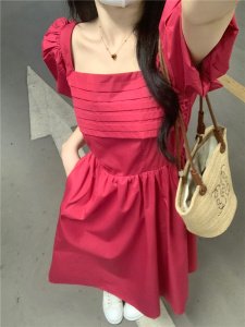 RM20769#大码女装胖MM法式复古方领泡泡袖连衣裙夏季褶皱设计感显瘦长裙