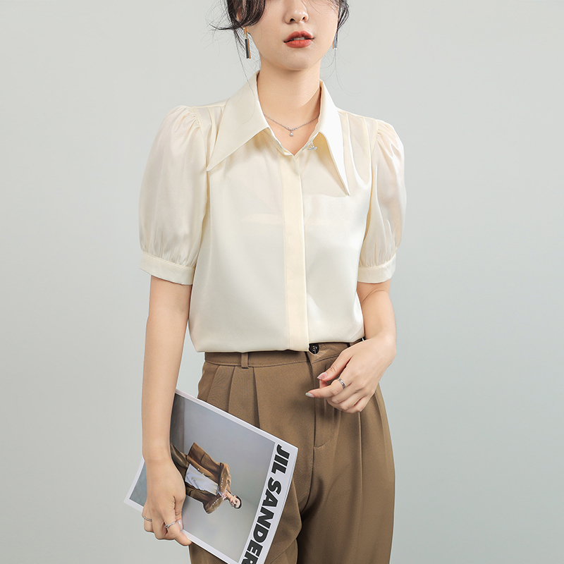 新增迷你杏  短袖白色襯衫女復古寬松洋氣上衣職業面試襯衫