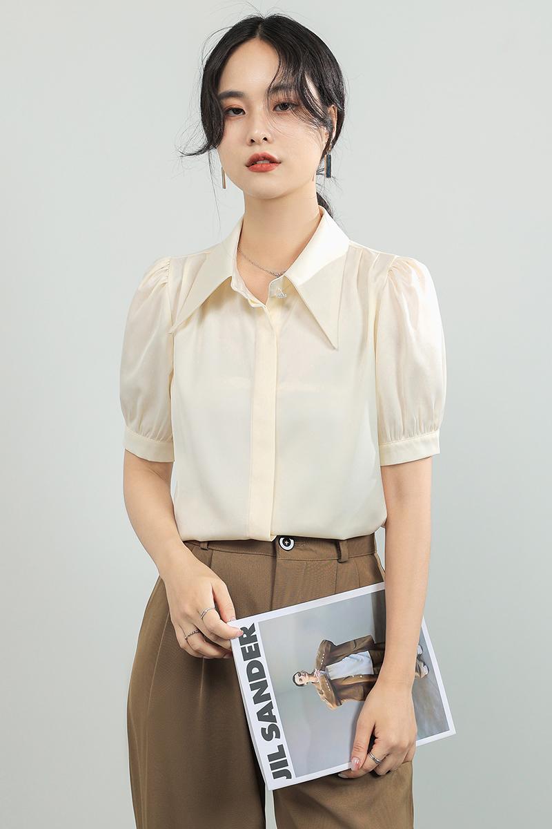 新增迷你杏  短袖白色襯衫女復古寬松洋氣上衣職業面試襯衫