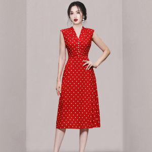 RM15083#夏季女装2023新款气质赫本风波点收腰显瘦红色雪纺连衣裙职业长裙