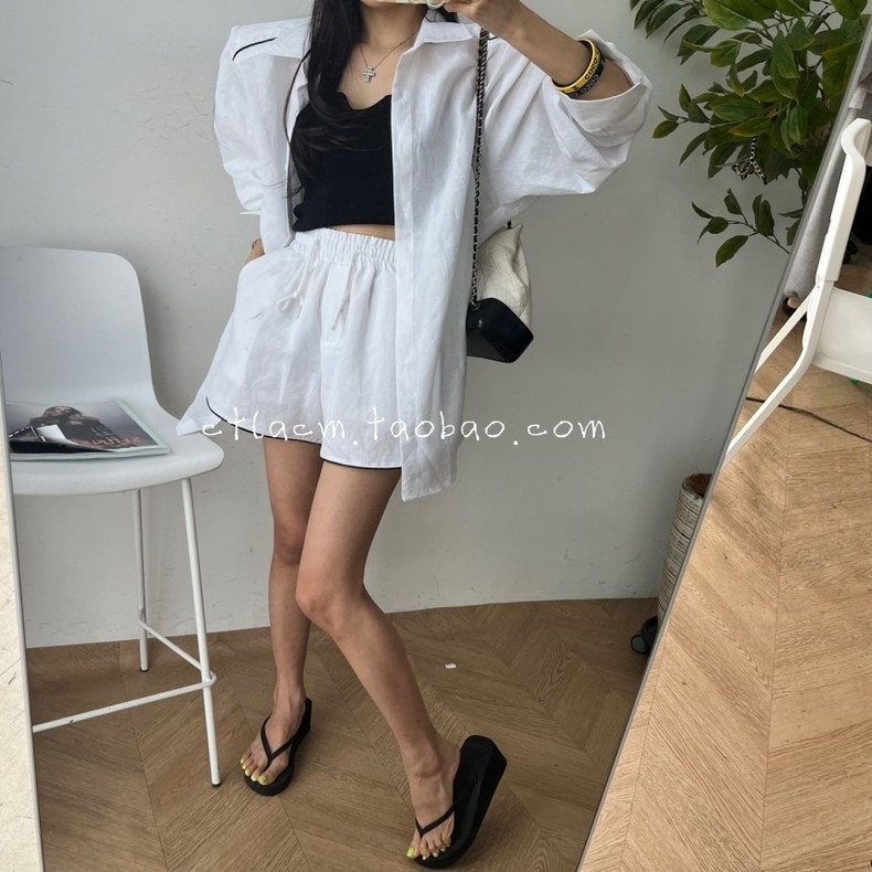 South Korea 2023 summer new cotton and linen shirt long-sleeved shorts suit