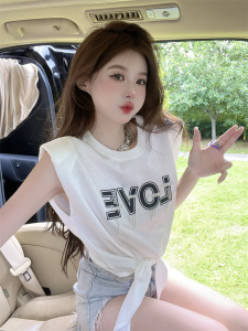 TR37427# ~设计感时尚气质重工钉珍珠LOVE字母无袖下摆打结T恤潮 服装批发女装批发服饰货源