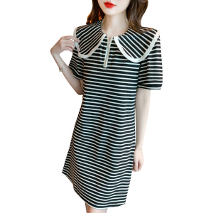 RM19204#法式娃娃领条纹连衣裙女夏设计感宽松显瘦遮肚收腰短袖t恤裙