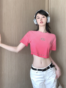 TR37428# ~美式甜辣风金属高级感装饰渐变复古露脐短款T恤女 服装批发女装批发服饰货源