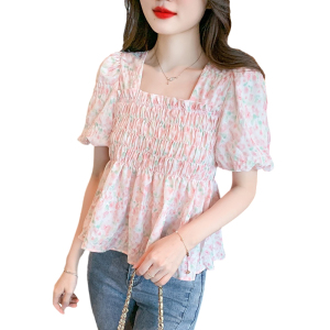 RM15127#法式甜美碎花衬衫女夏季新款洋气方领泡泡袖上衣女