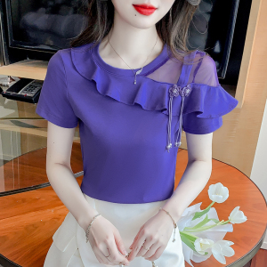 TR35932# 中式花朵盘扣荷叶边短袖t恤女夏季新款设计感修身小众上衣潮 服装批发女装服饰货源