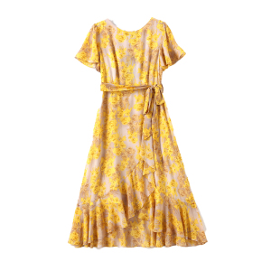 RM22102#新款小个子收腰显瘦甜美碎花连衣裙v领黄色温柔风长裙女