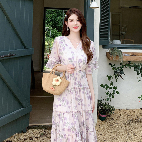 RM18952#法式浪漫紫玫瑰花连衣裙甜美V领松紧腰雪纺蛋糕裙大摆沙滩裙