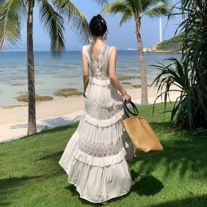 TR34848# 云南旅游穿搭重工镂空设计白色花边连衣裙海边三亚旅行沙滩裙