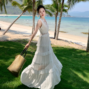 TR34848# 云南旅游穿搭重工镂空设计白色花边连衣裙海边三亚旅行沙滩裙