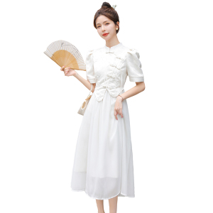 RM20096#新中式假两件连衣裙女夏季高级感气质国风温柔复古立领仙女长裙子