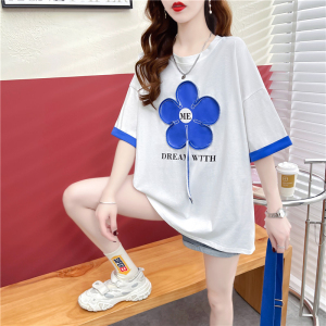 TR35138# 夏装韩版棉宽松拼接插色立体花卉圆领大码女装T恤女 服装批发女装批发服饰货源