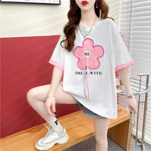TR35138# 夏装韩版棉宽松拼接插色立体花卉圆领大码女装T恤女 服装批发女装批发服饰货源