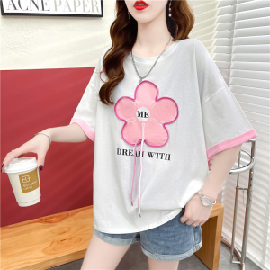 TR35138# 夏装韩版棉宽松拼接插色立体花卉圆领大码女装T恤女 服装批发女装批发服饰货源