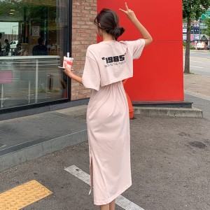 TR34844# 韩国INS小心机漏背个性数字字母图案宽松T恤裙韩范长款T裙连衣裙