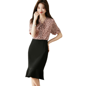 RM17491#夏季新款粉色豹纹拼接黑色鱼尾裙气质显瘦中长款假两件连衣裙