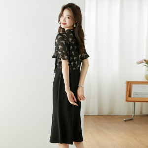 RM17492#夏季新款雪纺拼接黑色鱼尾连衣裙气质小领结显瘦假两件中长裙