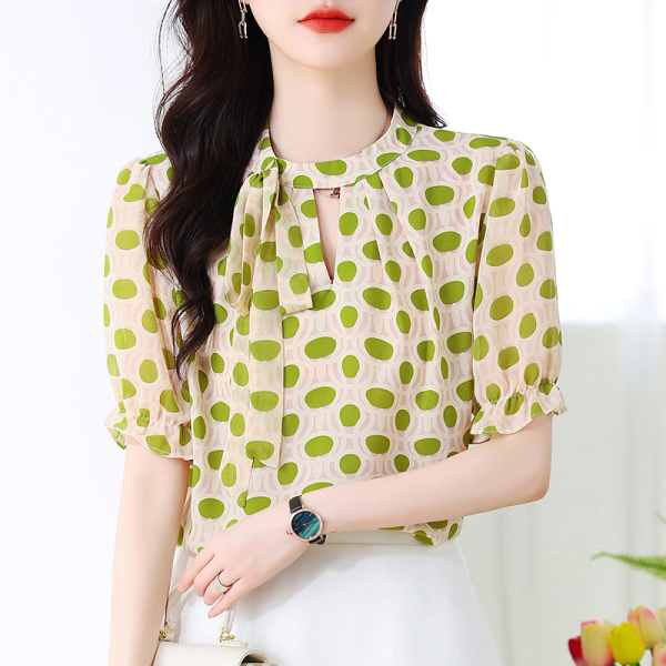 RM15300#夏季韩版时尚漂亮妈妈洋气减龄显瘦双绉印花雪纺上衣女