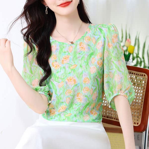 RM15301#新款时尚夏季宽松显瘦圆领花朵印花雪纺衫女