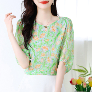 RM15301#新款时尚夏季宽松显瘦圆领花朵印花雪纺衫女