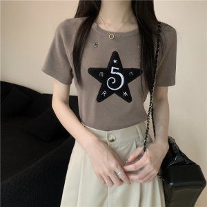 RM15468#夏季新款设计感植绒五角星针织衫短袖T恤上衣