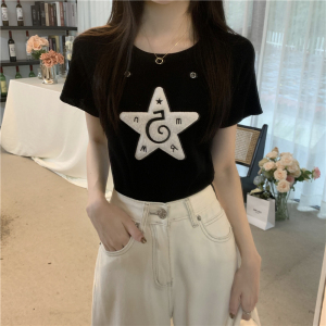 RM15468#夏季新款设计感植绒五角星针织衫短袖T恤上衣