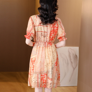 RM16868#高端精致法式收腰橙色碎花连衣裙子长款女夏季新款设计感小众