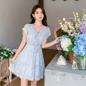 TR35103# 新款少女心的夏天蓝色法式连衣裙 服装批发女装批发服饰货源