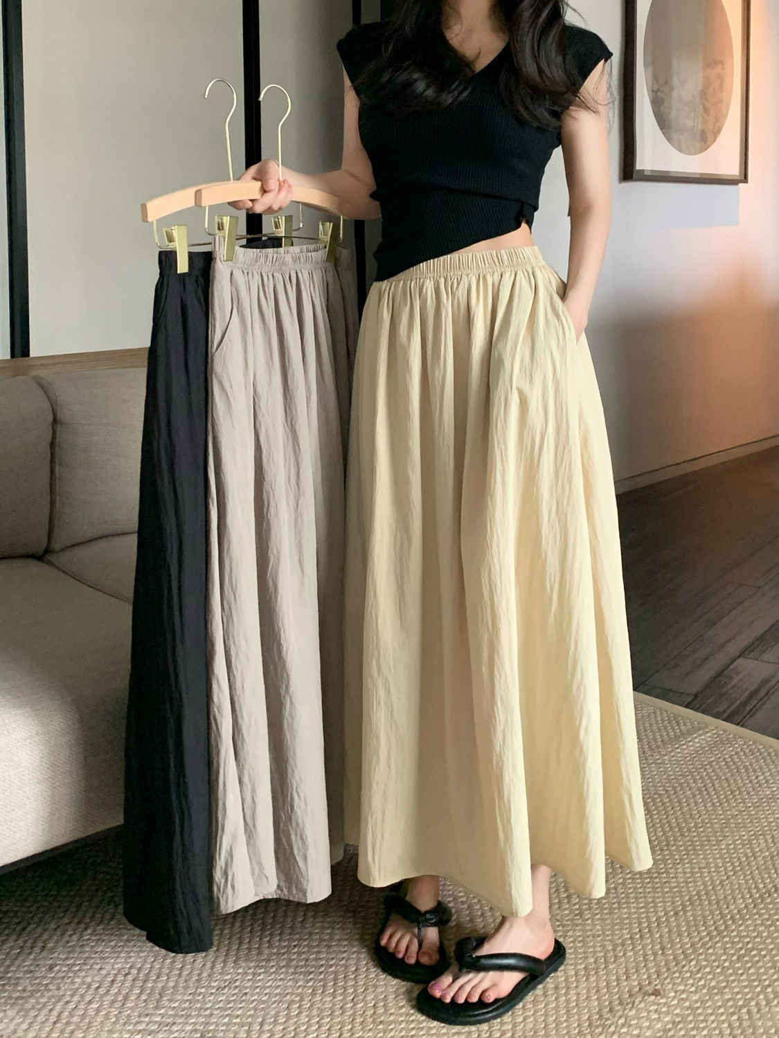 Pleated mid-length skirt women's summer 2023 new retro high waist slim elastic waist A-line skirt umbrella skirt