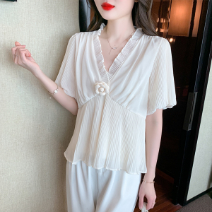 RM18525#宫廷风超仙的雪纺衫上衣女2023夏季新款设计感V领木耳边衬衫