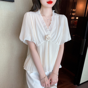 RM18525#宫廷风超仙的雪纺衫上衣女2023夏季新款设计感V领木耳边衬衫