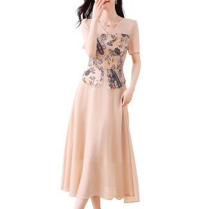 RM15381#夏季新款中袖拼接高腰长裙领撞色印花大摆雪纺气质连