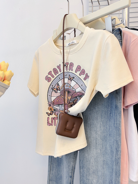 RM18047#夏季新款显瘦网红抖音韩版洋气纯棉蘑菇印花短袖T恤女半袖