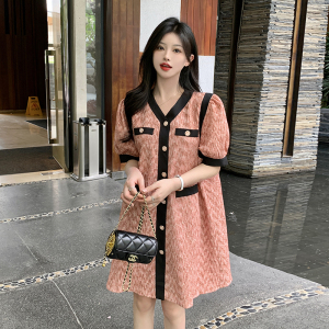 RM15862#大码女装法式小香风泡泡袖粉红色连衣裙小众V领衬衣裙子