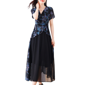 RM15382#夏季新款中袖拼接高腰长裙领撞色印花大摆雪纺气质连