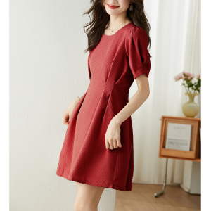 RM15637#红色华夫格收腰女连衣裙2023夏季新款时尚休闲显瘦连衣裙