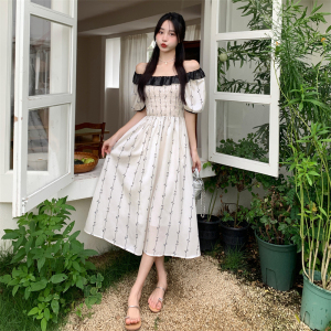 RM15544#小清新印花连衣裙撞色荷叶边减龄甜美超仙气质短袖裙