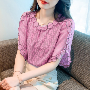 RM18520#夏季新款重工刺绣拼接设计感雪纺衬衫女短袖宽松遮肚显示上衣