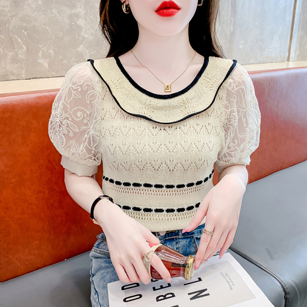 RM15930#法式娃娃领镂空拼接泡泡袖针织衫女夏季新款前后两穿短袖套头上...