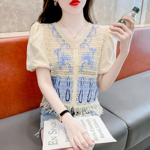 RM15931#文艺复古刺绣钩花镂空V领针织衫女夏季新款设计感小众泡泡袖上衣