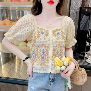 RM15932#名媛风刺绣钩花镂空方领短款针织衫女夏季新款设计感小众洋气上衣