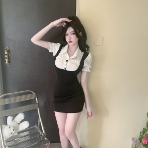 Polo collar contrast short sleeved professional uniform dress with buttocks and work clothes