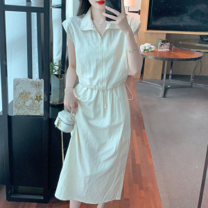 RM15954#夏季新款韩版休闲高腰中长款工装半身裙+无袖短款背心开衫女