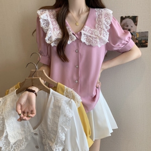 RM15463#夏装蕾丝重工娃娃领甜美气质大码衬衫夏设计感上衣M-4XL200斤